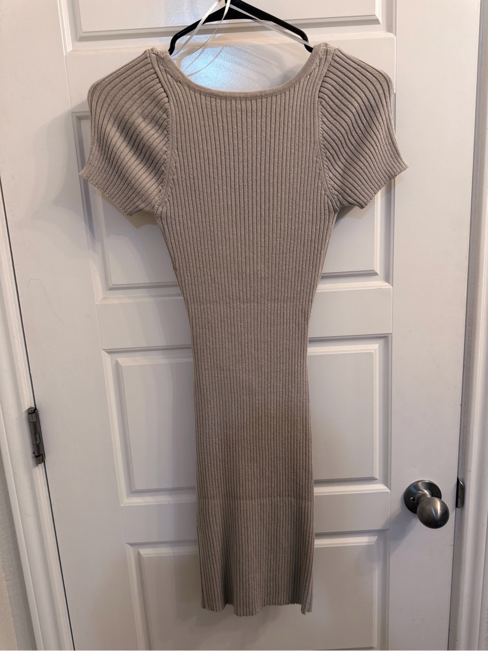 Ribbed Short-Sleeve Midi Dress in Taupe